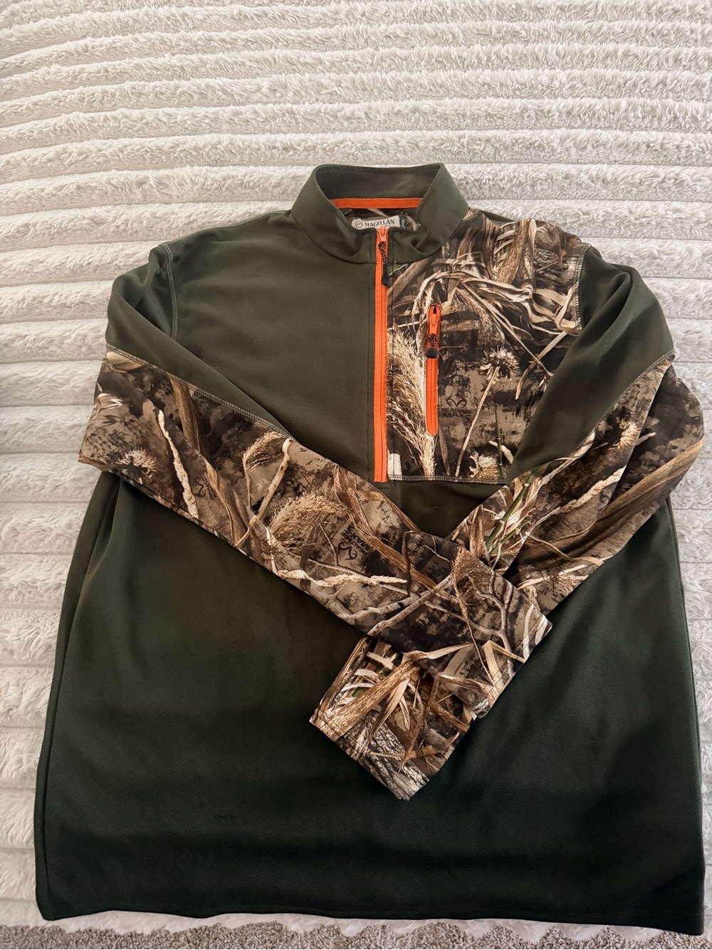 Magellan Outdoors Olive Green Camo Quarter-Zip Pullover with Orange Trim